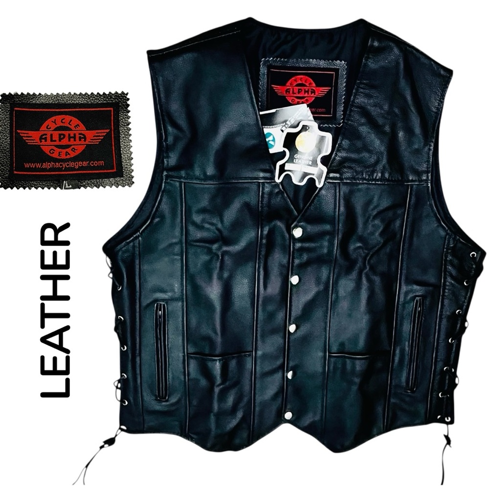 Alpha Cycle Gear Mens Black Leather Motorcycle Vest Jacket Sz L NEW